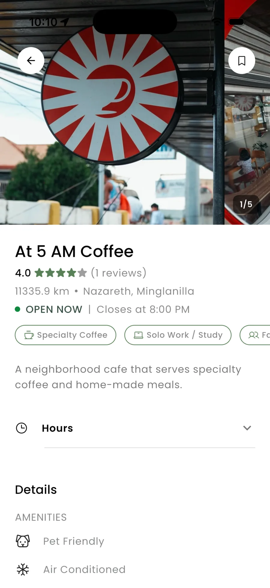 A cafe page in the Nook app, showing its rating, opening hours, and amenities