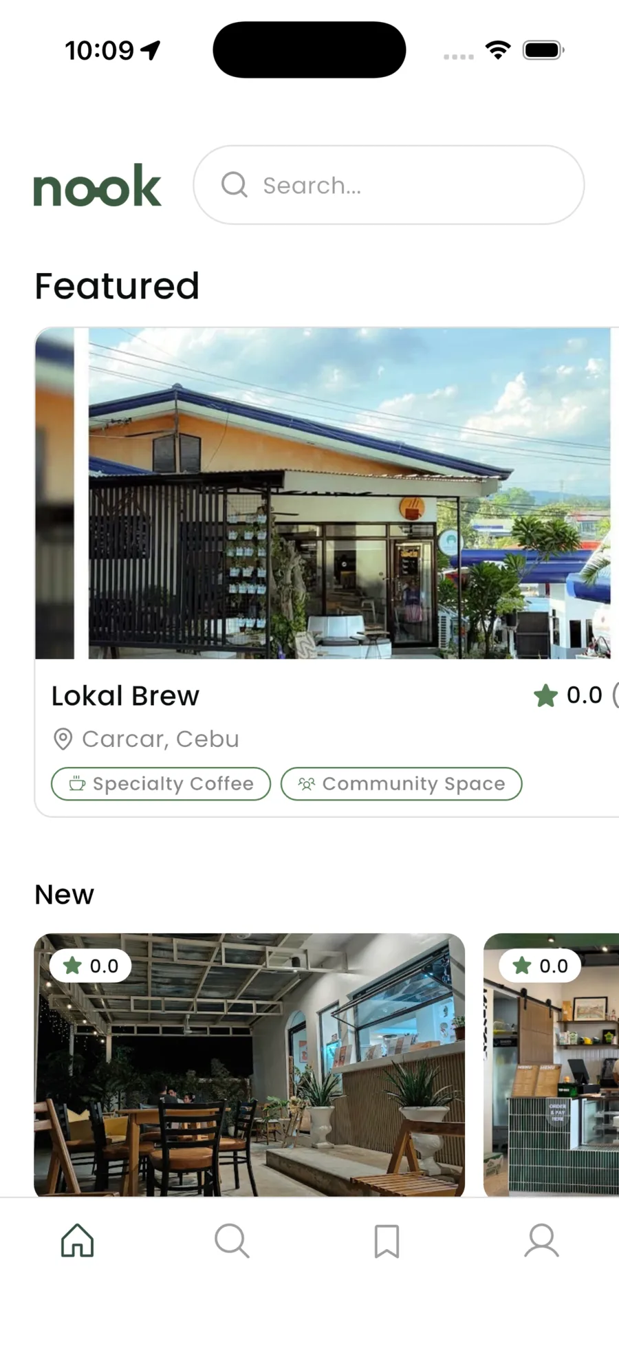 The Nook app's home feed, showing featured and newly added cafes in Cebu